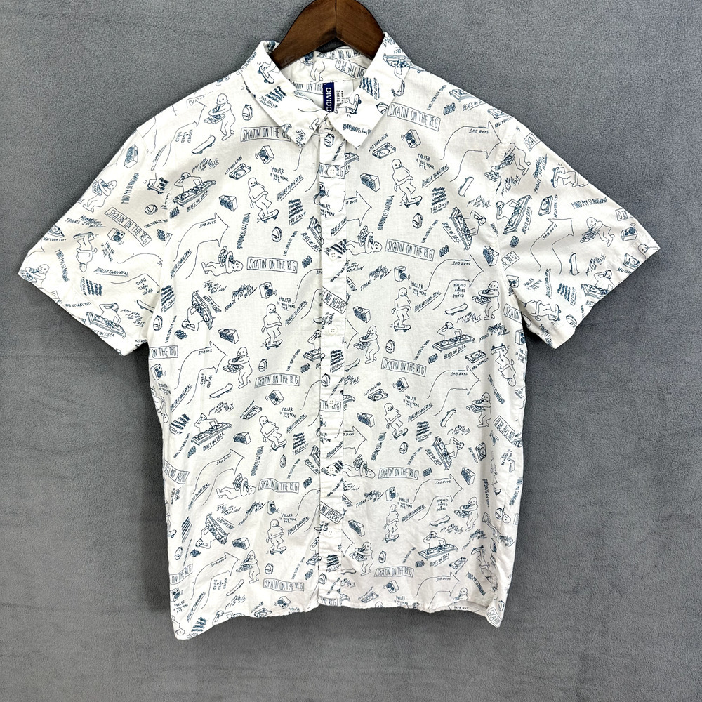 H&M Button Up Shirt Mens Medium Skating Graphic Short‎ Sleeve Cotton Skater Punk